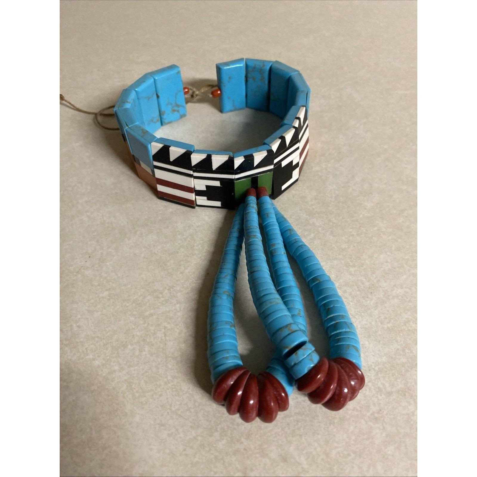 Vintage Native American Style Mosaic Inlay Block Choker With 2x Turquoise Jaclas